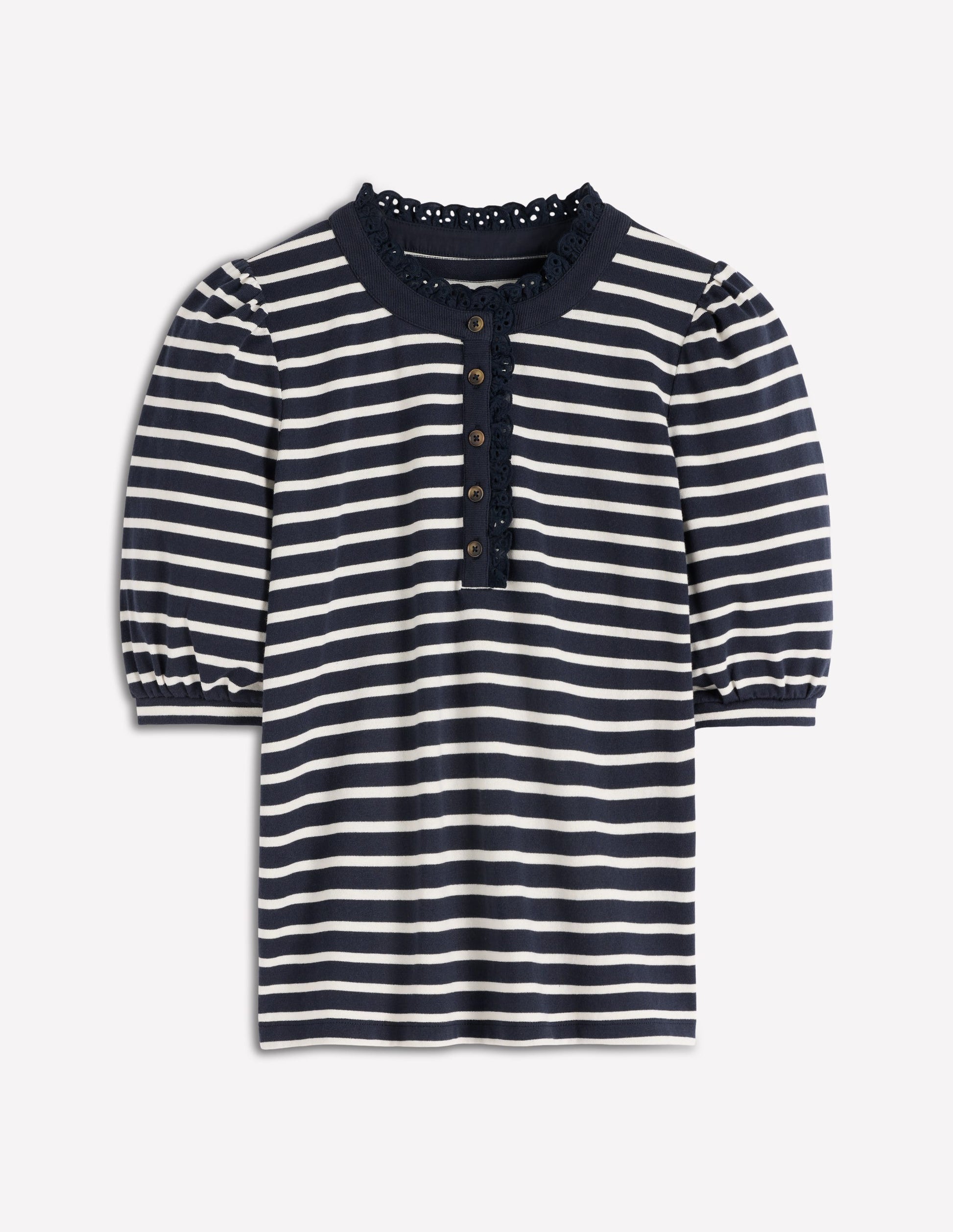Puff Sleeve Henley-Navy, Ivory Stripe-4
