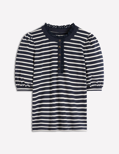 Puff Sleeve Henley-Navy, Ivory Stripe-4