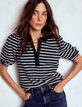 Puff Sleeve Henley-Navy, Ivory Stripe