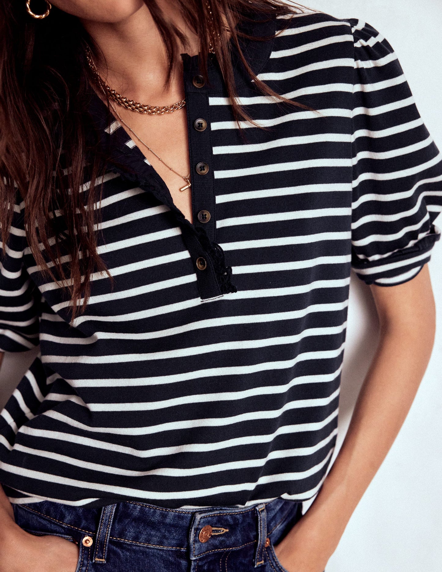 Puff Sleeve Henley-Navy, Ivory Stripe