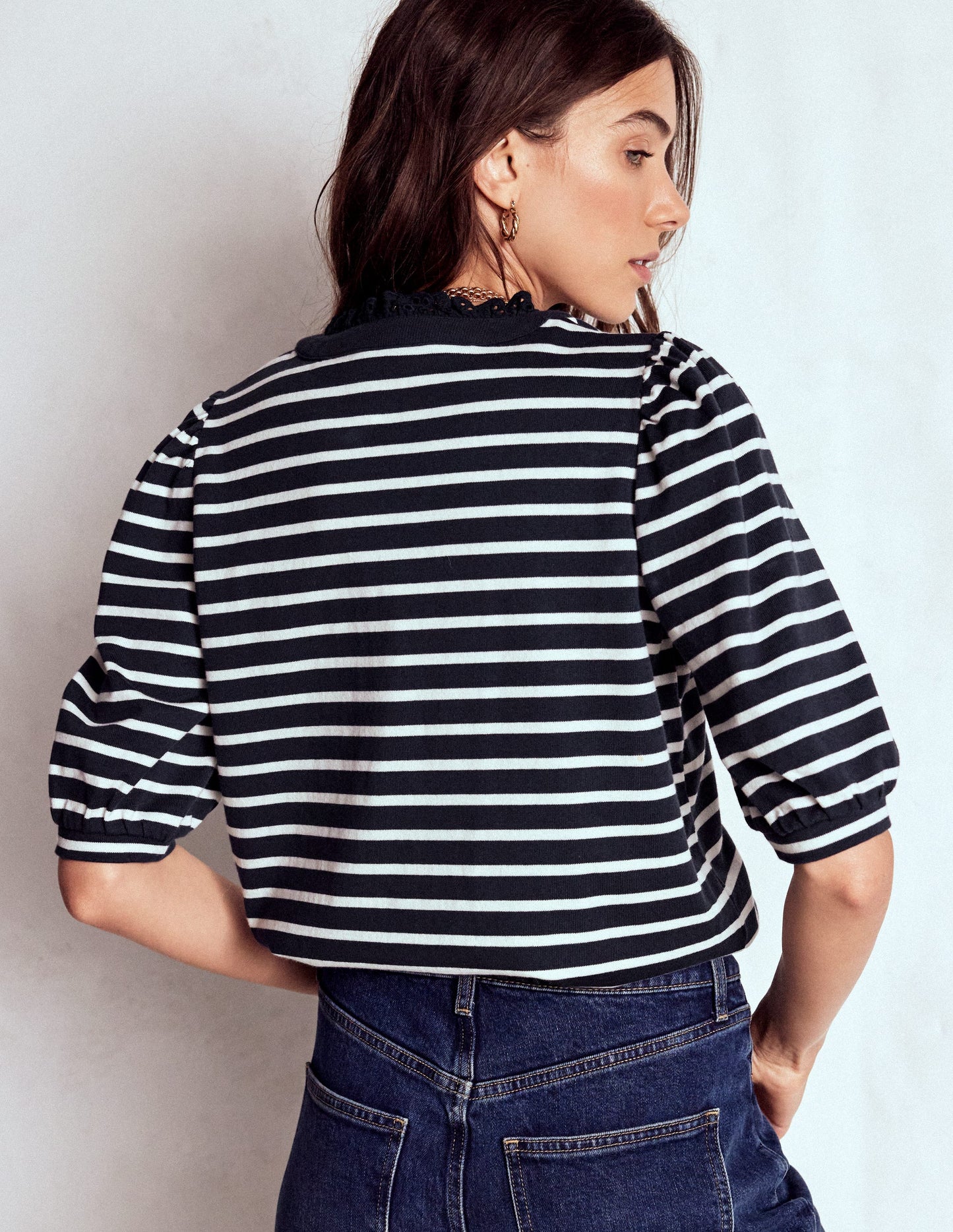 Puff Sleeve Henley-Navy, Ivory Stripe