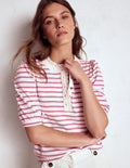 Puff Sleeve Henley-Pink Heather, Ivory Stripe