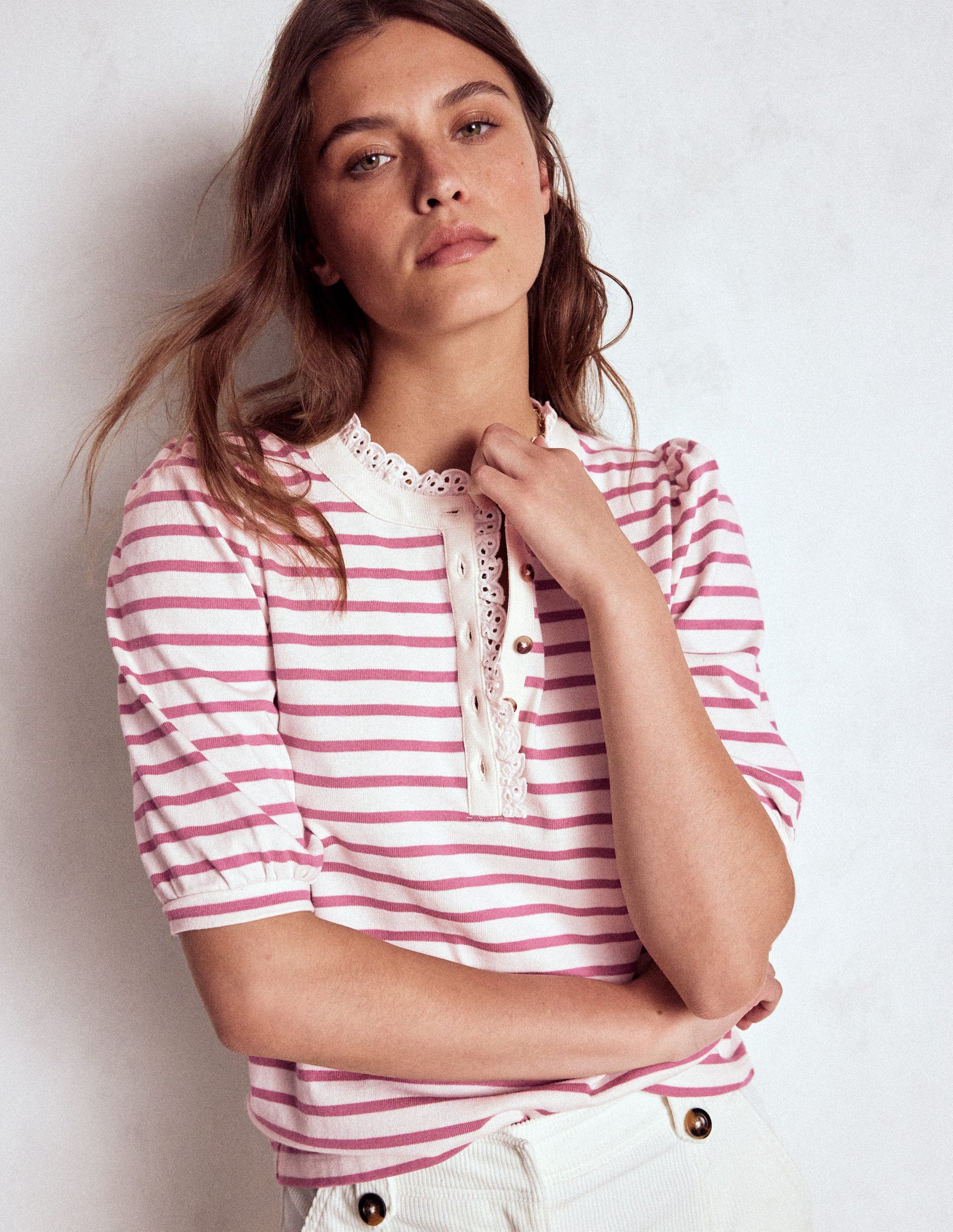 Puff Sleeve Henley-Pink Heather, Ivory Stripe-1