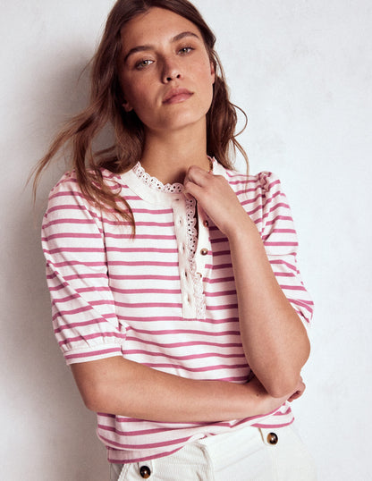 Puff Sleeve Henley-Pink Heather, Ivory Stripe-1