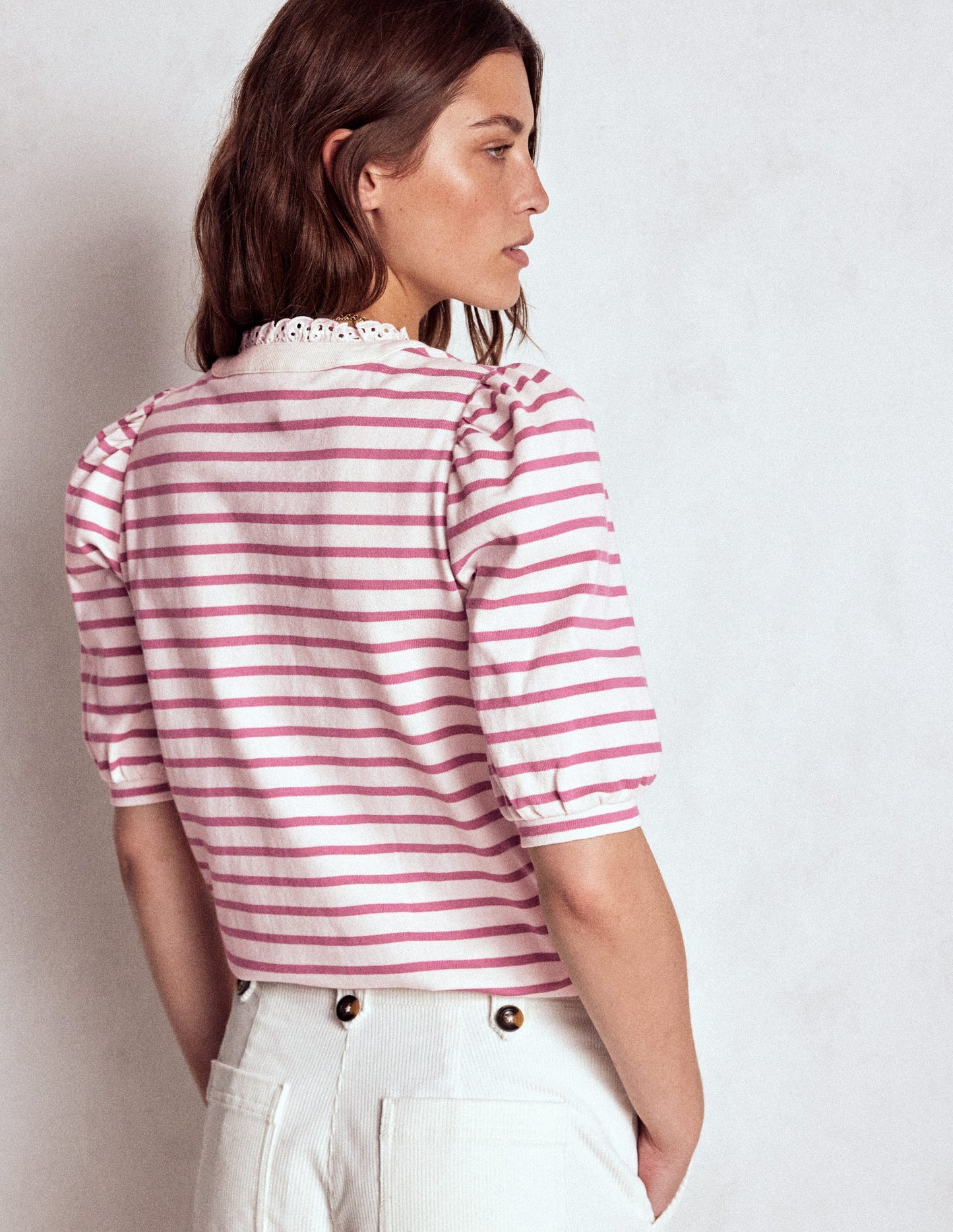 Puff Sleeve Henley-Pink Heather, Ivory Stripe