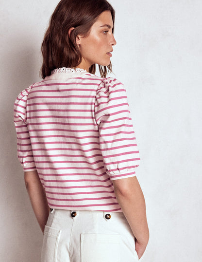 Puff Sleeve Henley-Pink Heather, Ivory Stripe-3