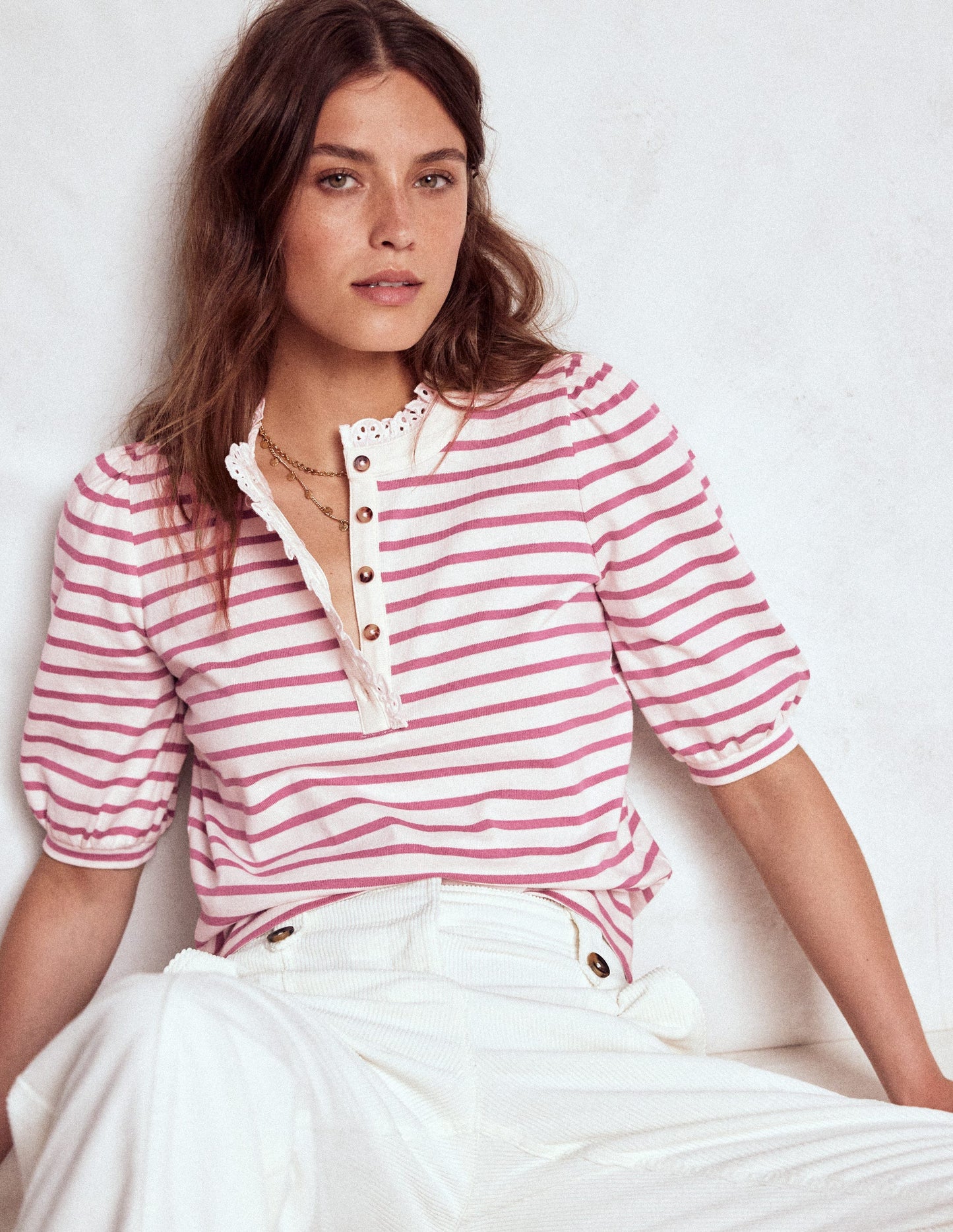 Puff Sleeve Henley-Pink Heather, Ivory Stripe