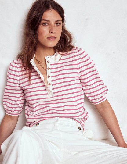 Puff Sleeve Henley-Pink Heather, Ivory Stripe-4