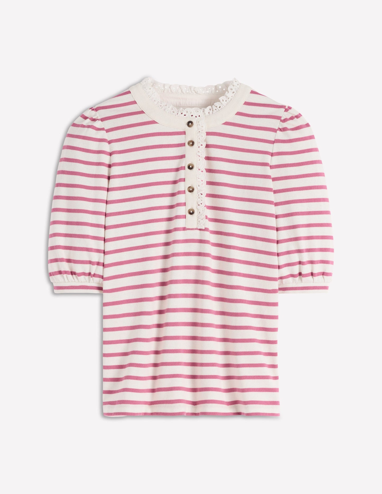 Puff Sleeve Henley-Pink Heather, Ivory Stripe