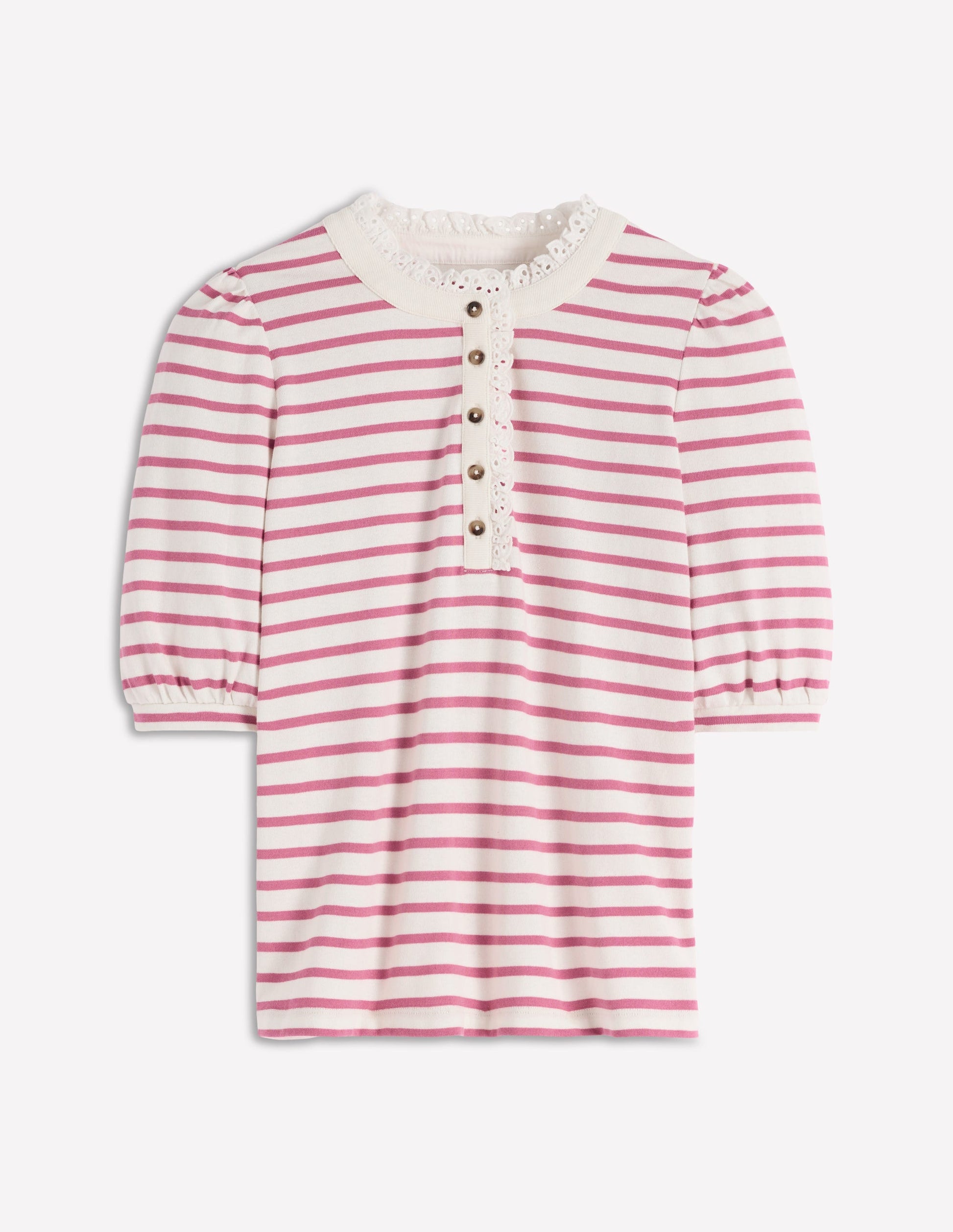 Puff Sleeve Henley-Pink Heather, Ivory Stripe-7