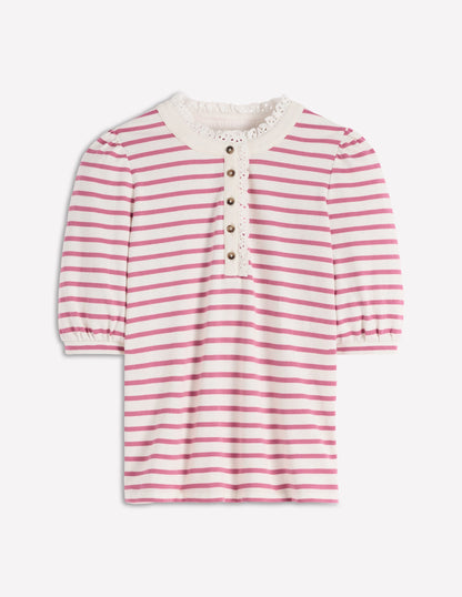 Puff Sleeve Henley-Pink Heather, Ivory Stripe-7