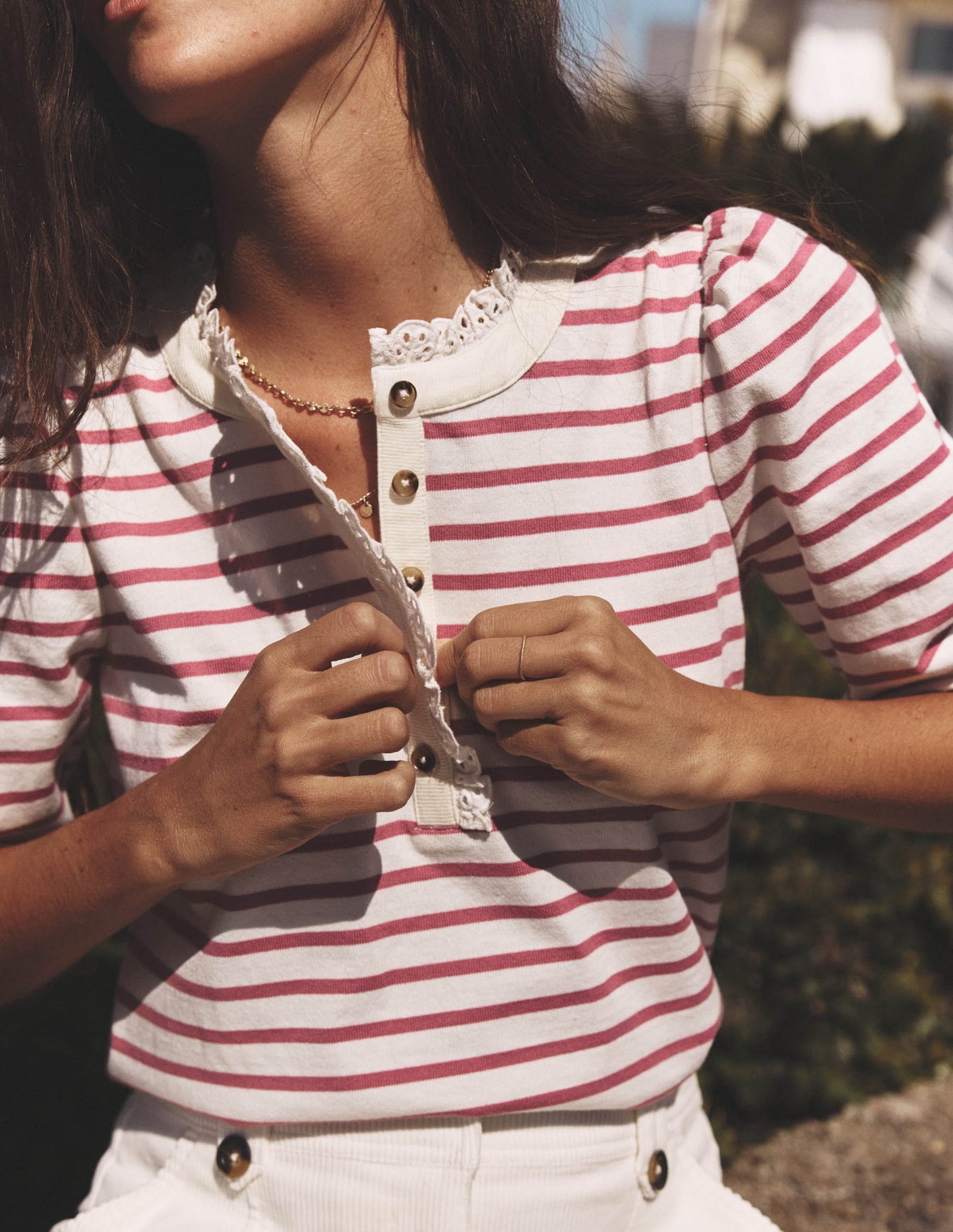 Puff Sleeve Henley-Pink Heather, Ivory Stripe