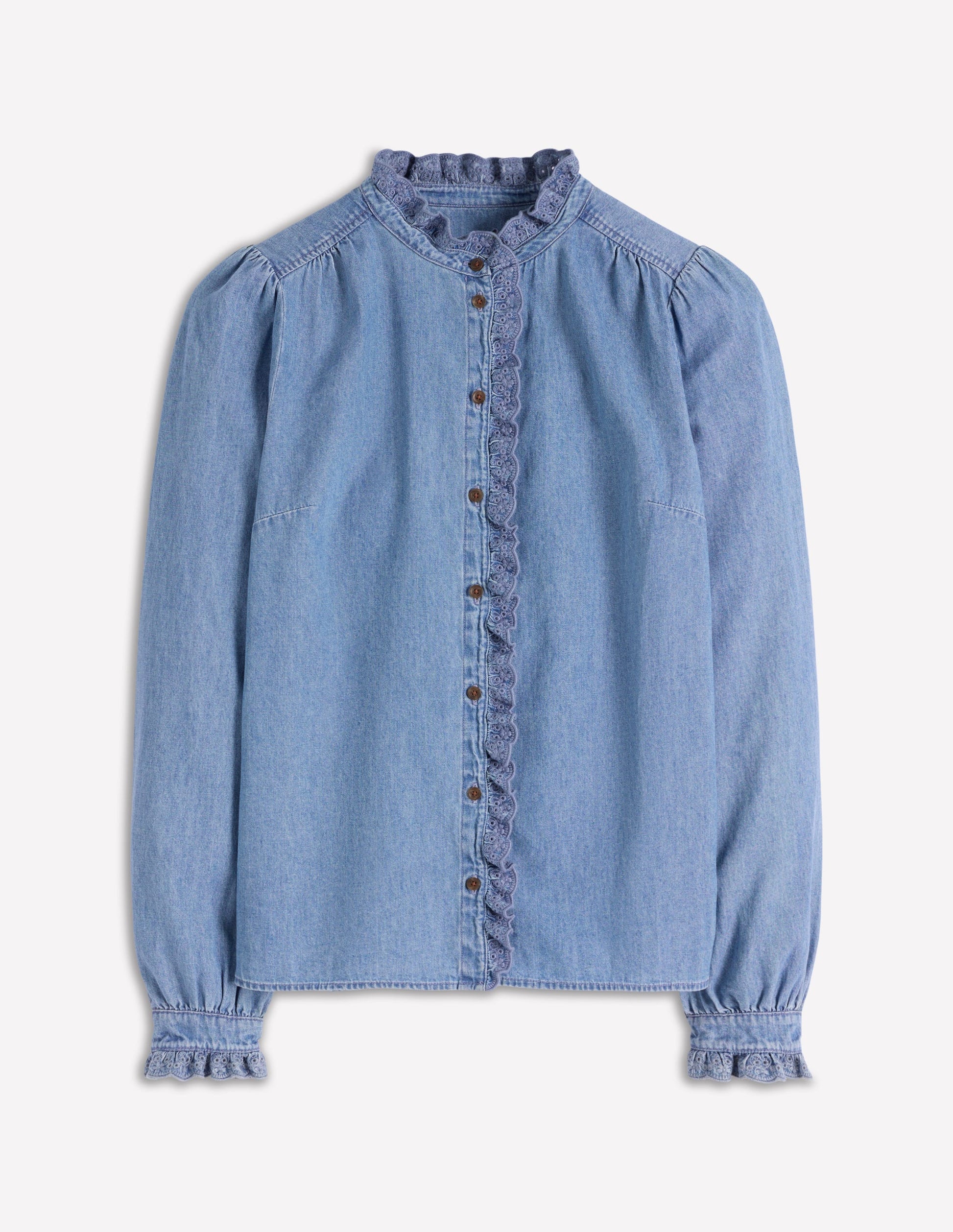 Helena Denim Ruffle Neck Top-Light Authentic Boden UK
