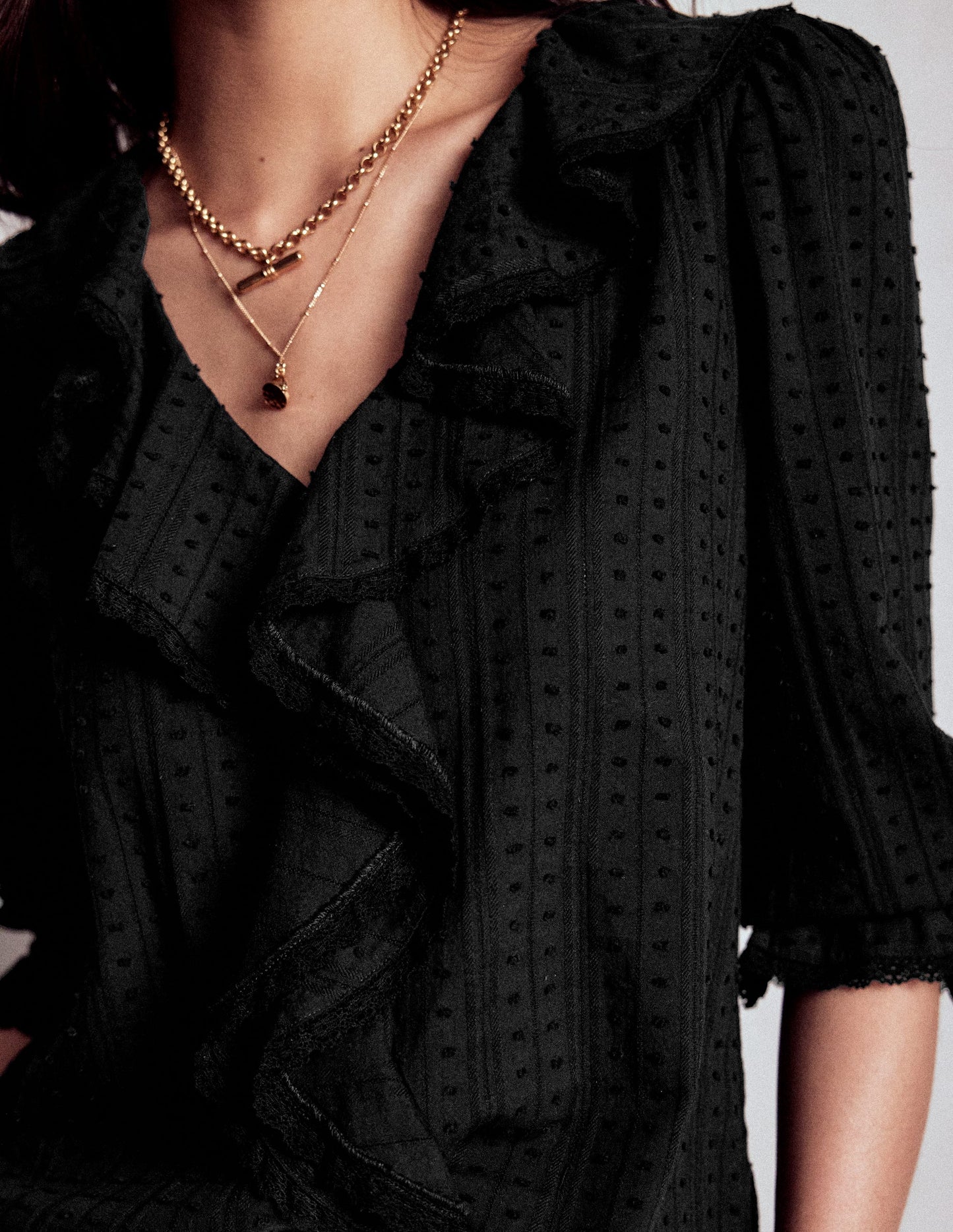 Ruffle V-Neck Blouse-Black