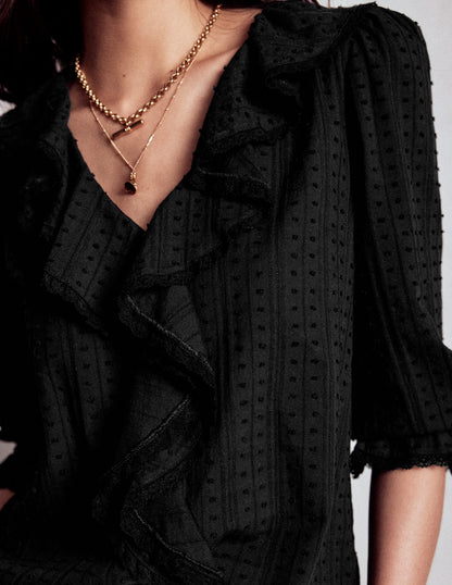 Ruffle V-Neck Blouse-Black-2