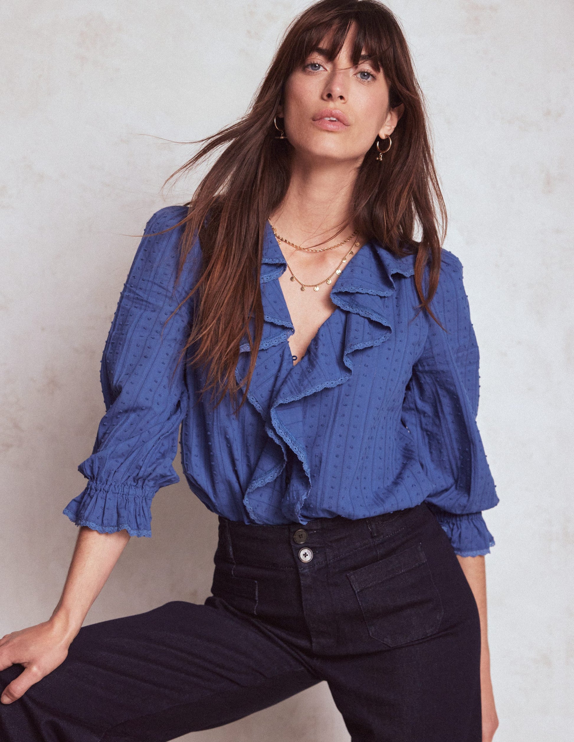Ruffle V-Neck Blouse-Denim Blue Boden UK - Main Image