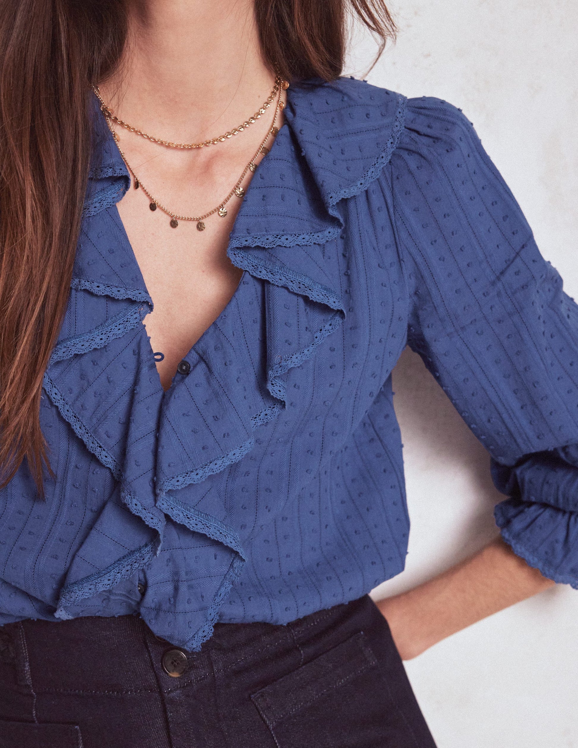 Ruffle V-Neck Blouse-Denim Blue-2