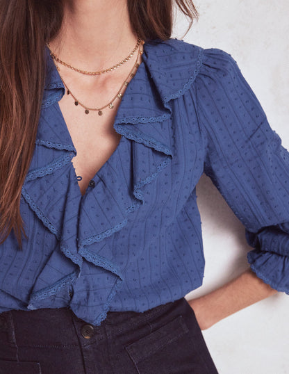Ruffle V-Neck Blouse-Denim Blue-2