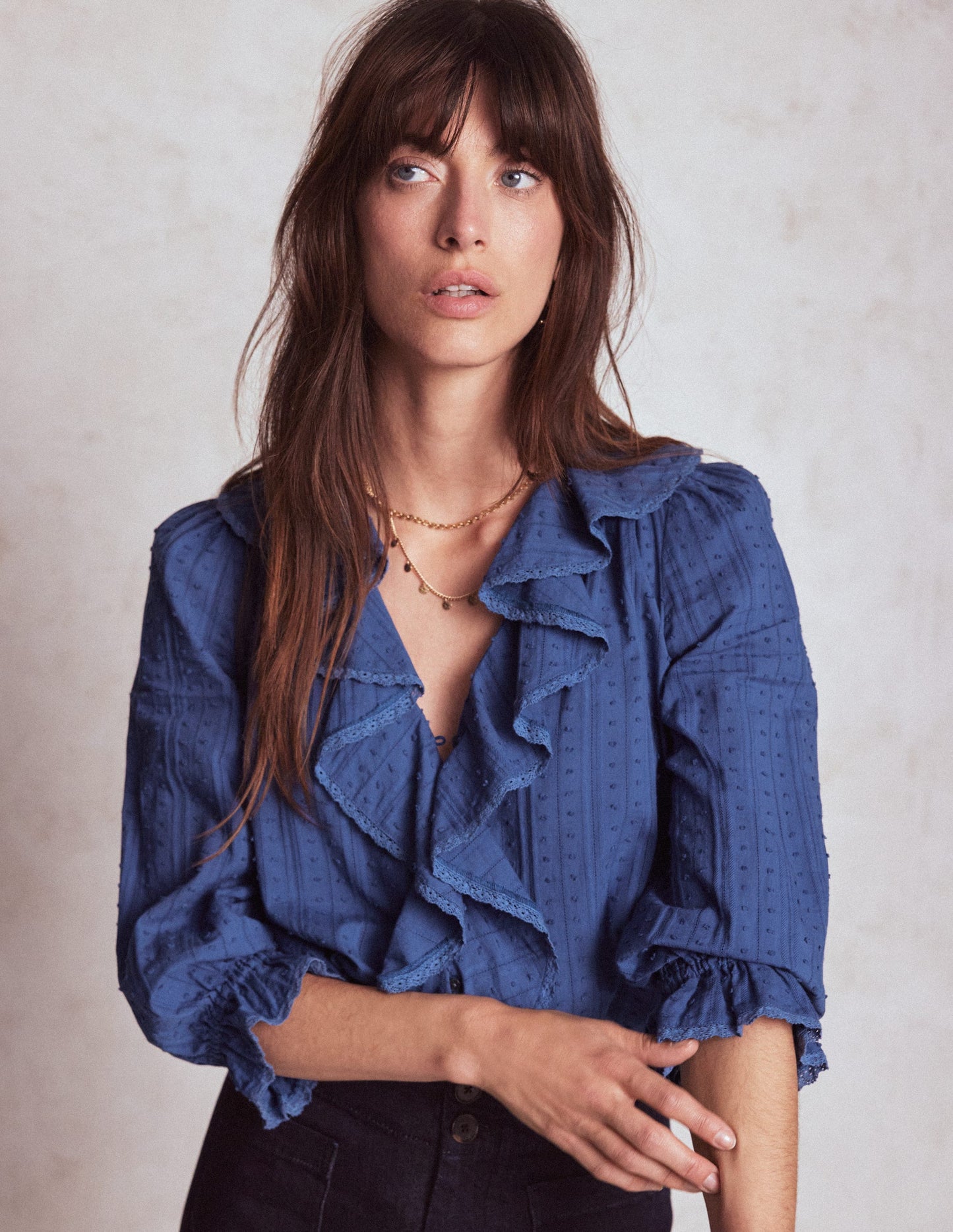 Ruffle V-Neck Blouse-Denim Blue