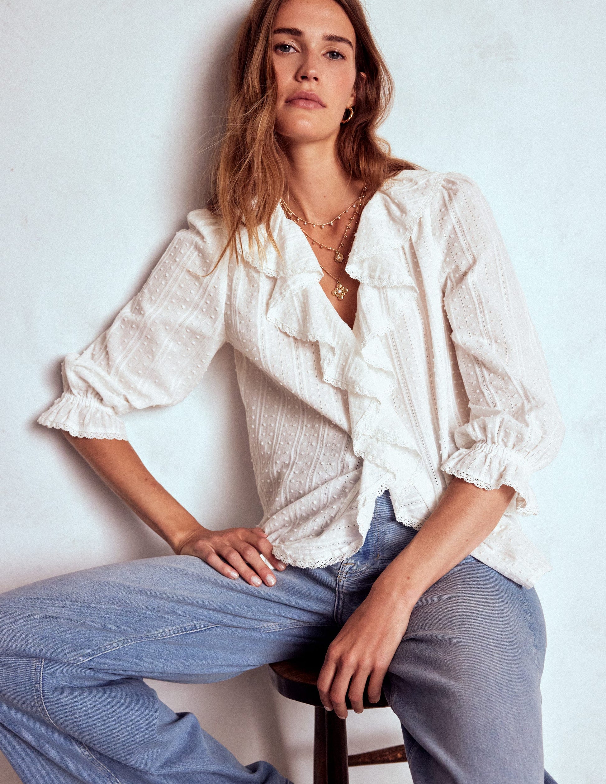 Ruffle V-Neck Blouse-White-1