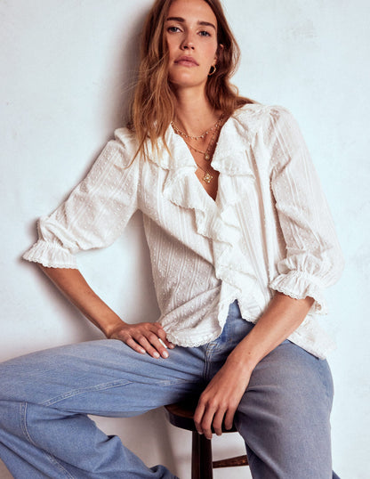 Ruffle V-Neck Blouse-White-1