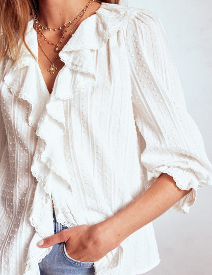 Ruffle V-Neck Blouse-White-2