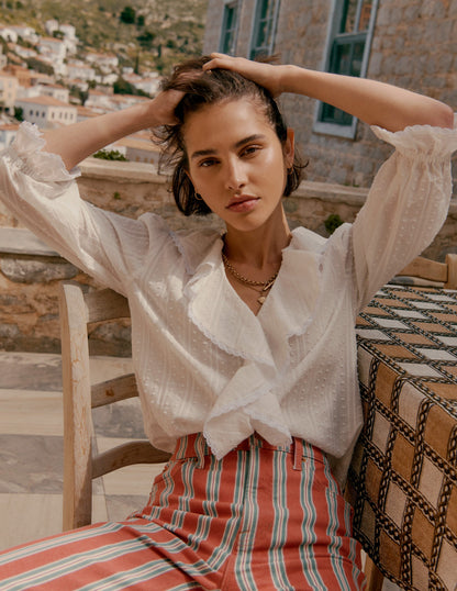 Ruffle V-Neck Blouse-White-6