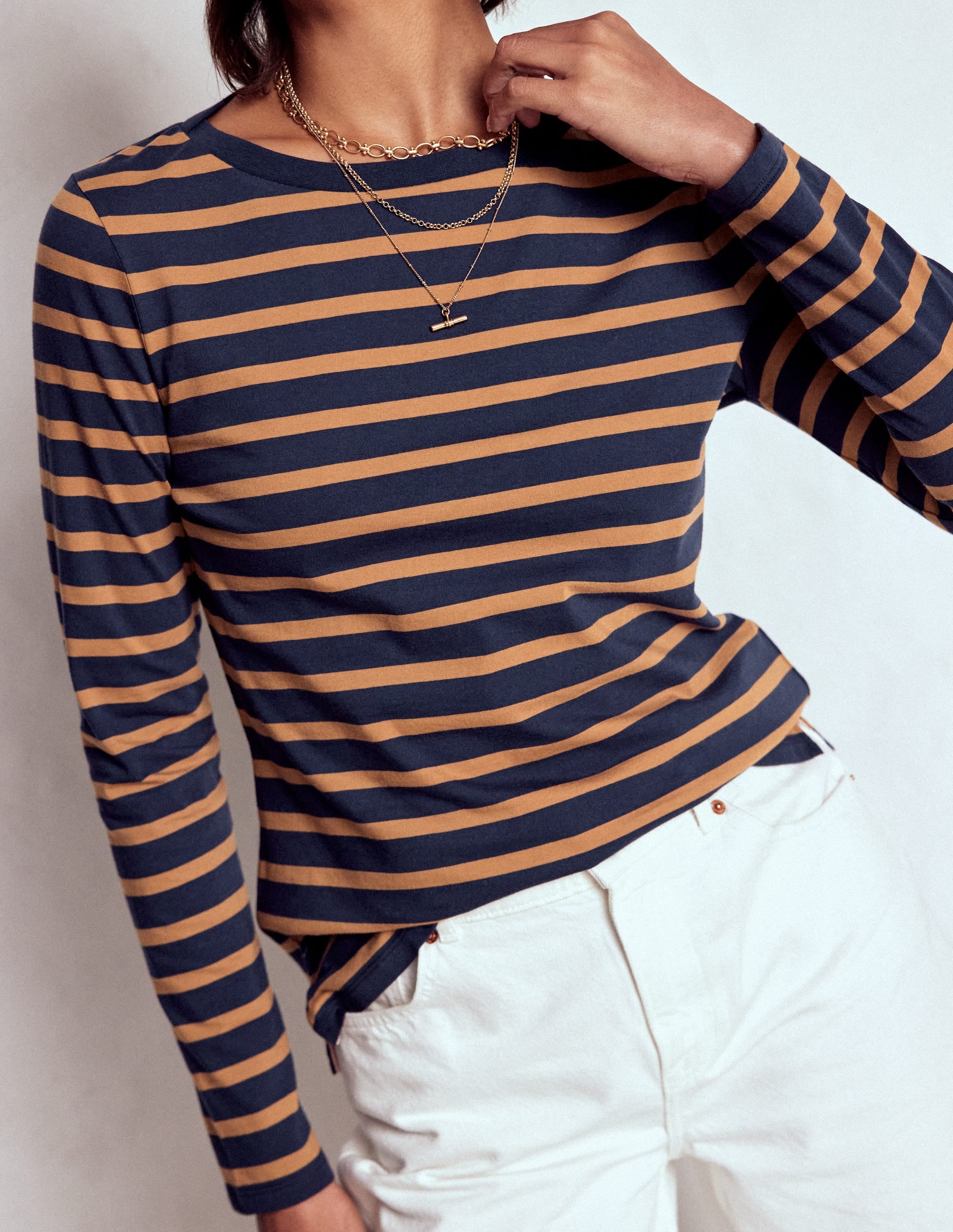Olivia Long Sleeve Breton-Navy, Camel Stripe - Image 1