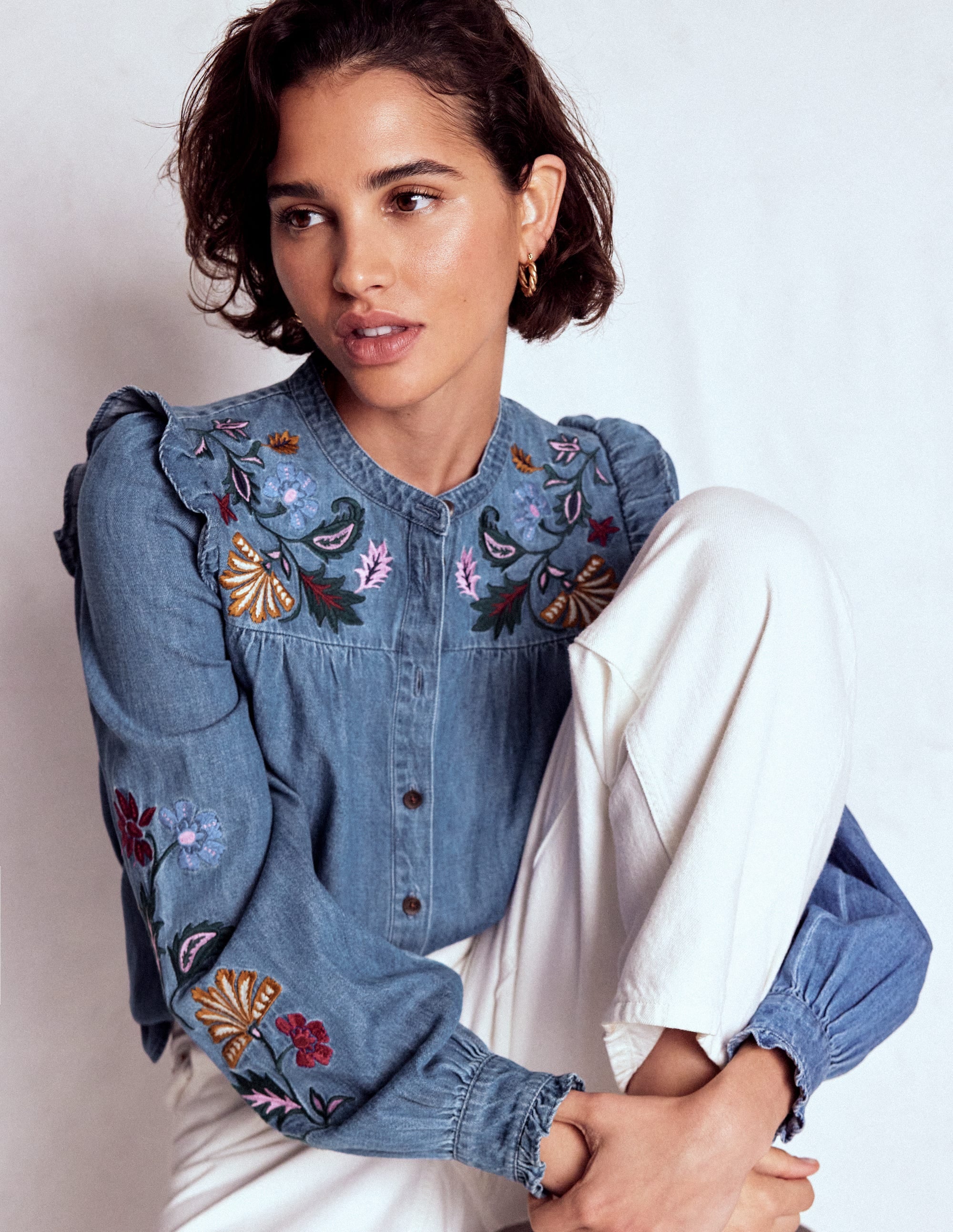 Embroidered Denim Top-Light Vintage, Embroidered - Image 1