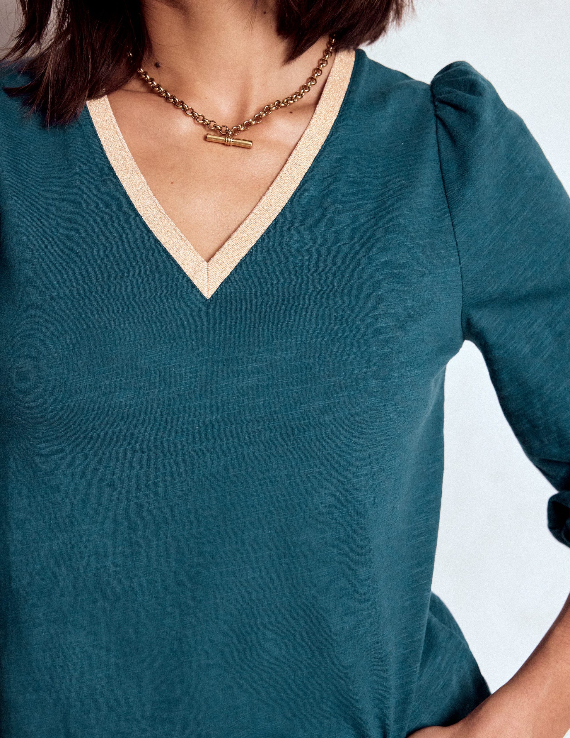 Metallic Trim V-neck Top-Midnight Teal-2