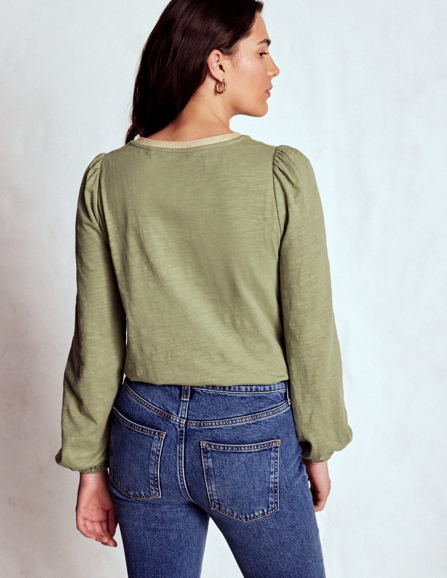 Metallic Trim V-neck Top-Larch Green