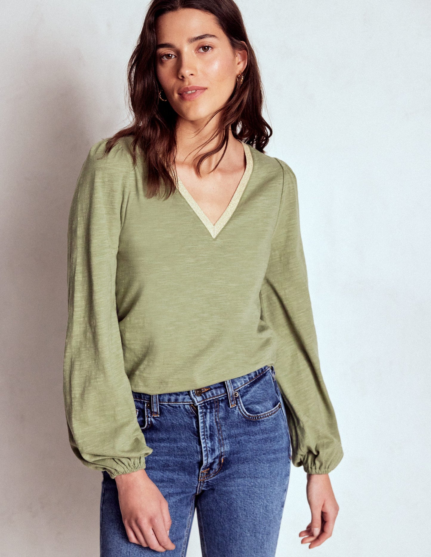 Metallic Trim V-neck Top-Larch Green
