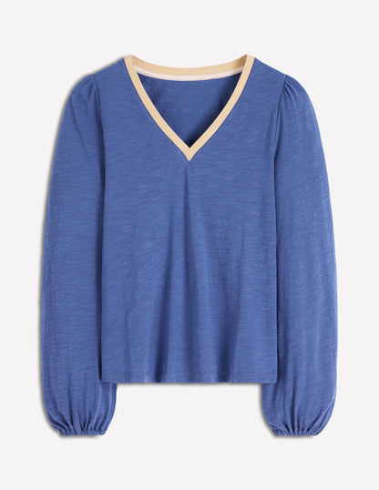 Metallic Trim V-neck Top-True Navy-5