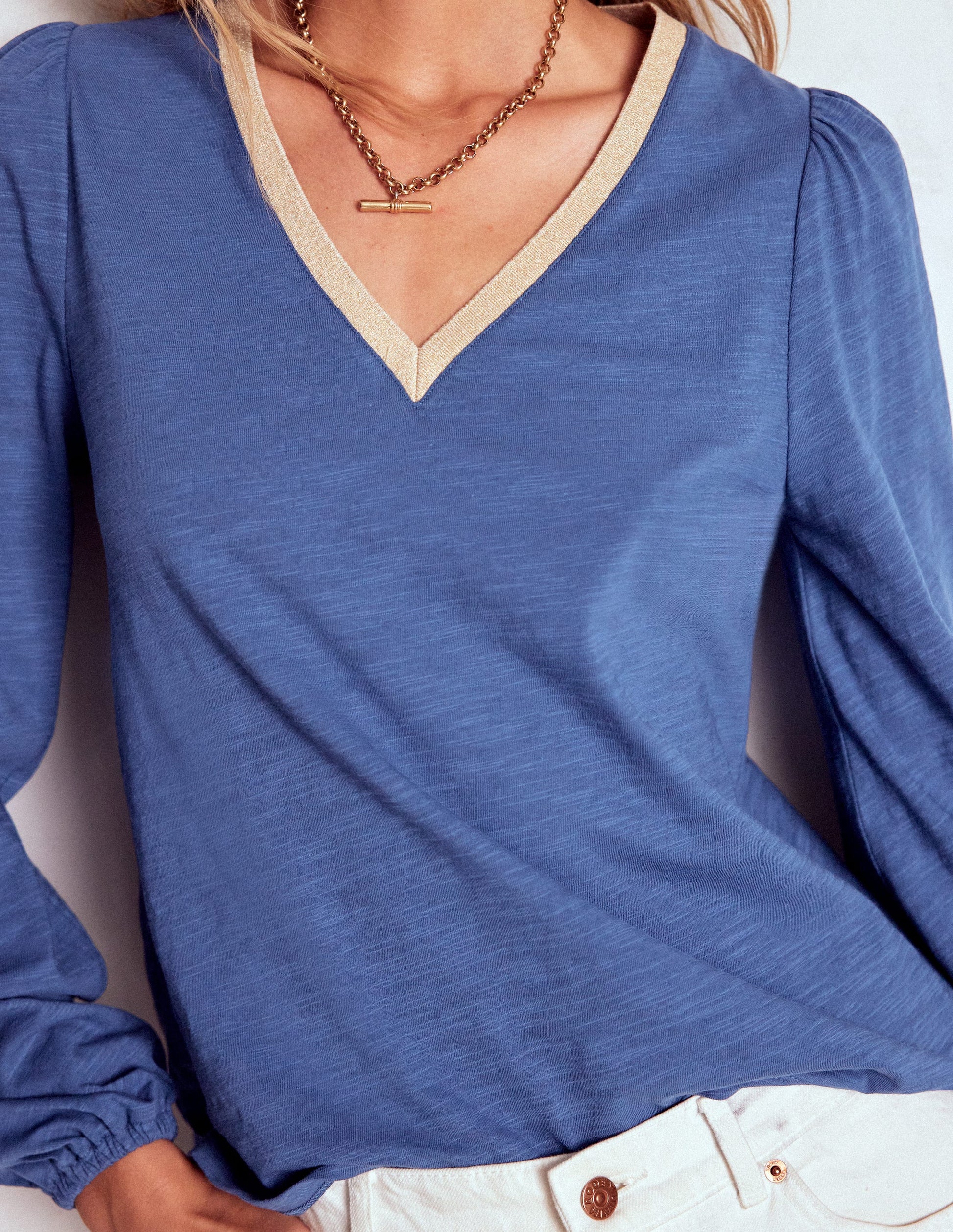 Metallic Trim V-neck Top-True Navy-2