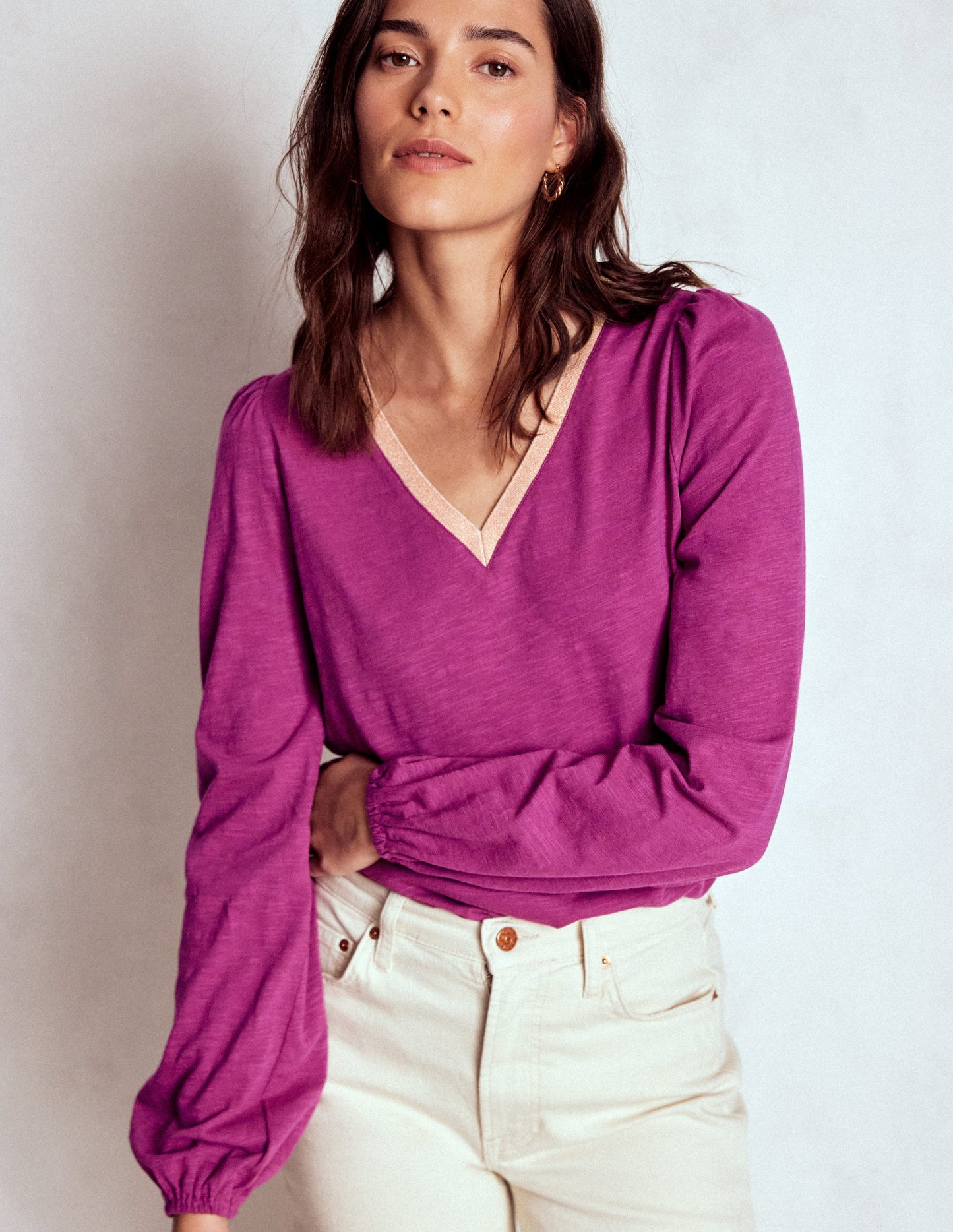 Metallic Trim V-neck Top-Rich Magenta