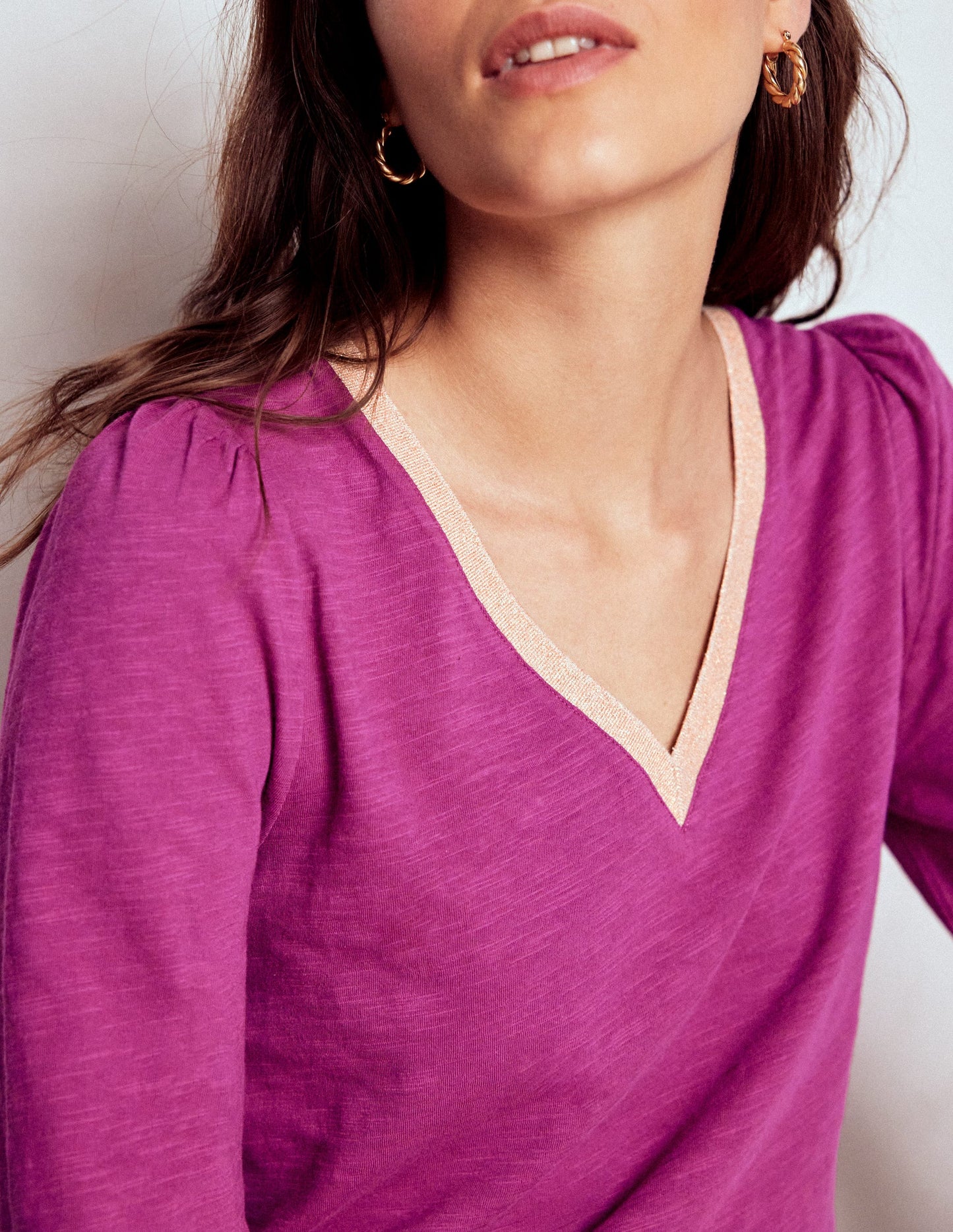 Metallic Trim V-neck Top-Rich Magenta