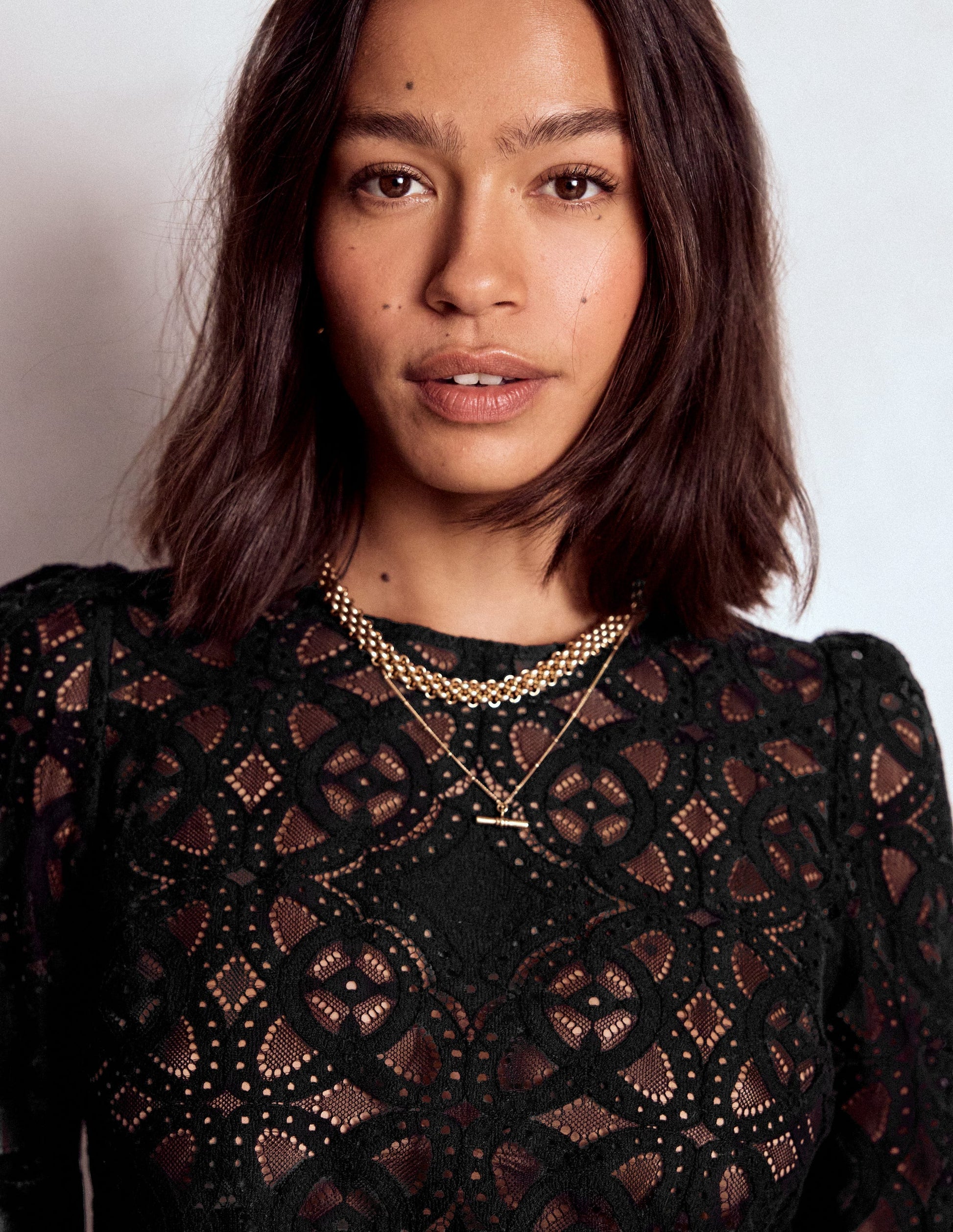 Lace Crew Neck Top-Black-1