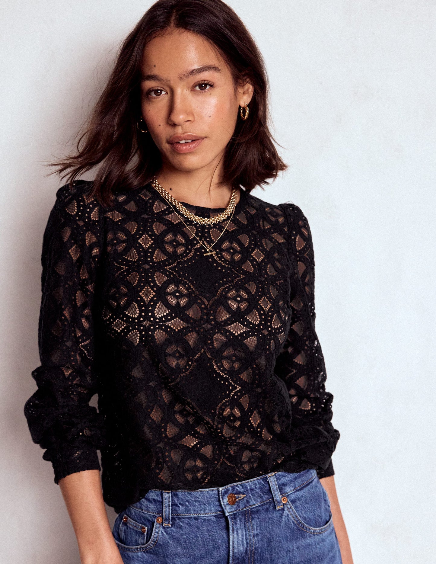 Lace Crew Neck Top-Black