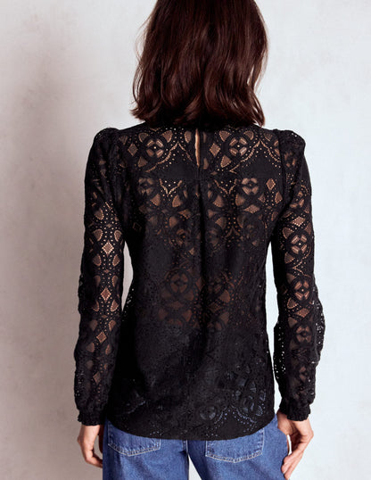 Lace Crew Neck Top-Black-3