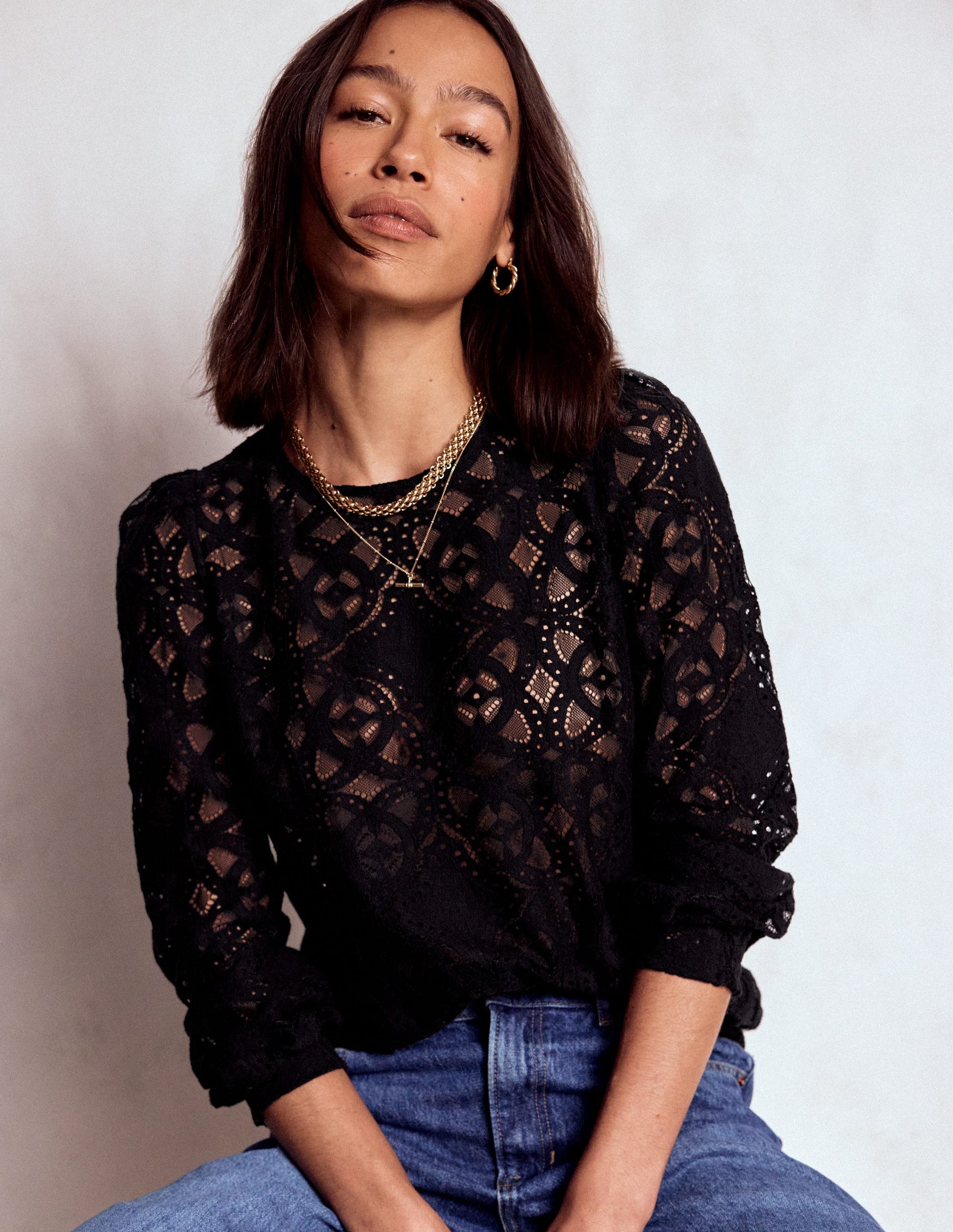 Lace Crew Neck Top-Black-5
