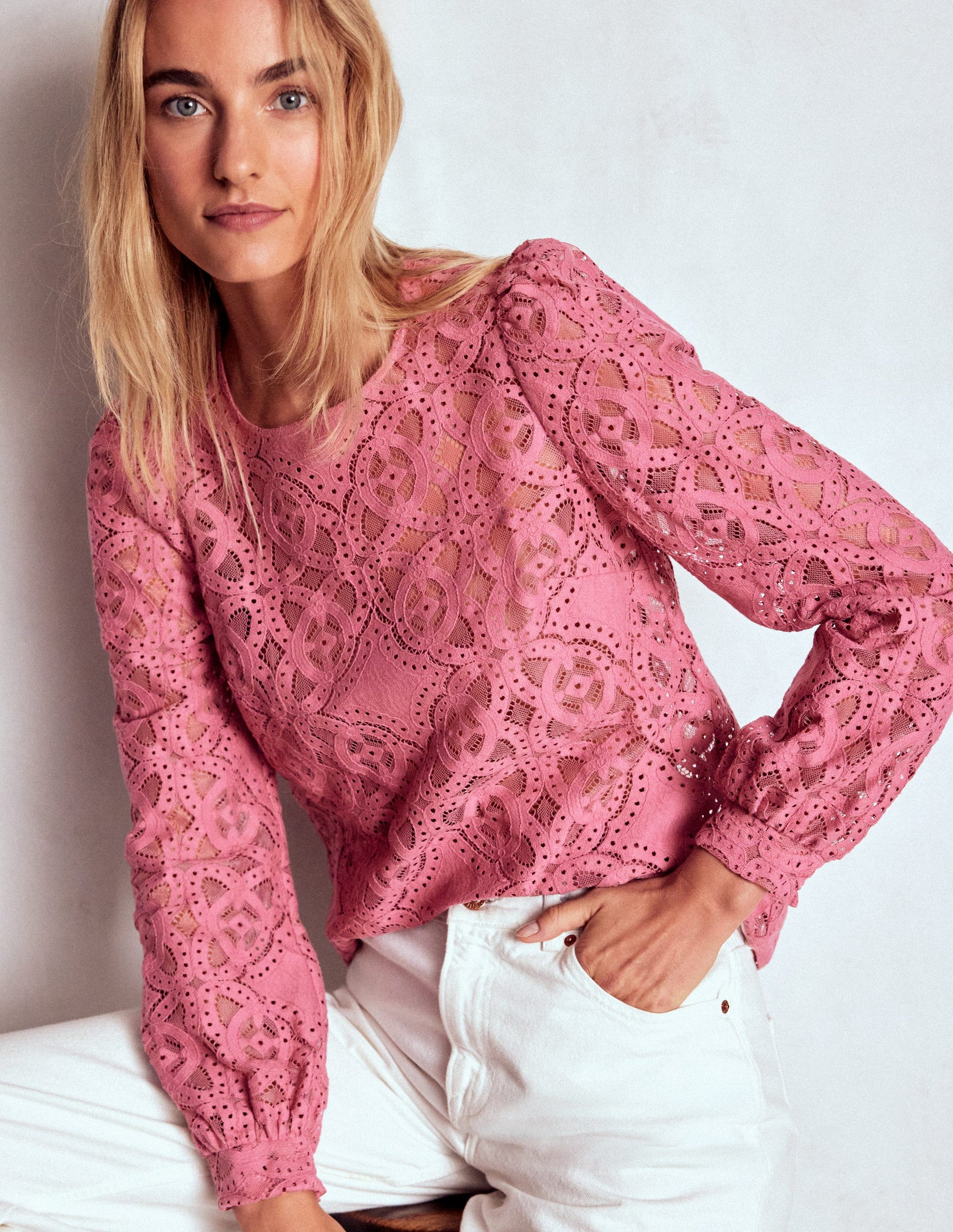 Lace Crew Neck Top-Heather Rose-1
