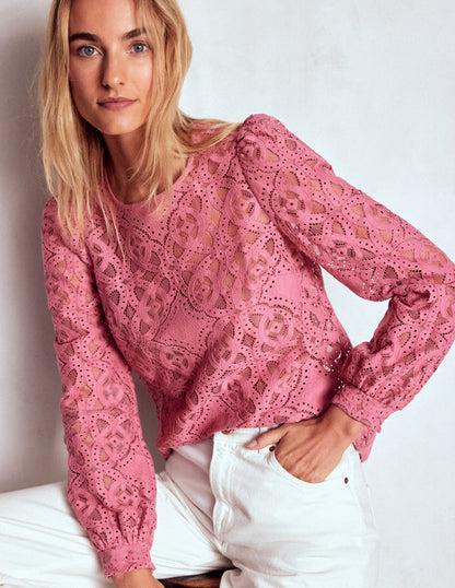 Lace Crew Neck Top-Heather Rose-1