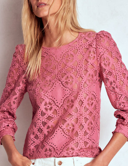 Lace Crew Neck Top-Heather Rose-2
