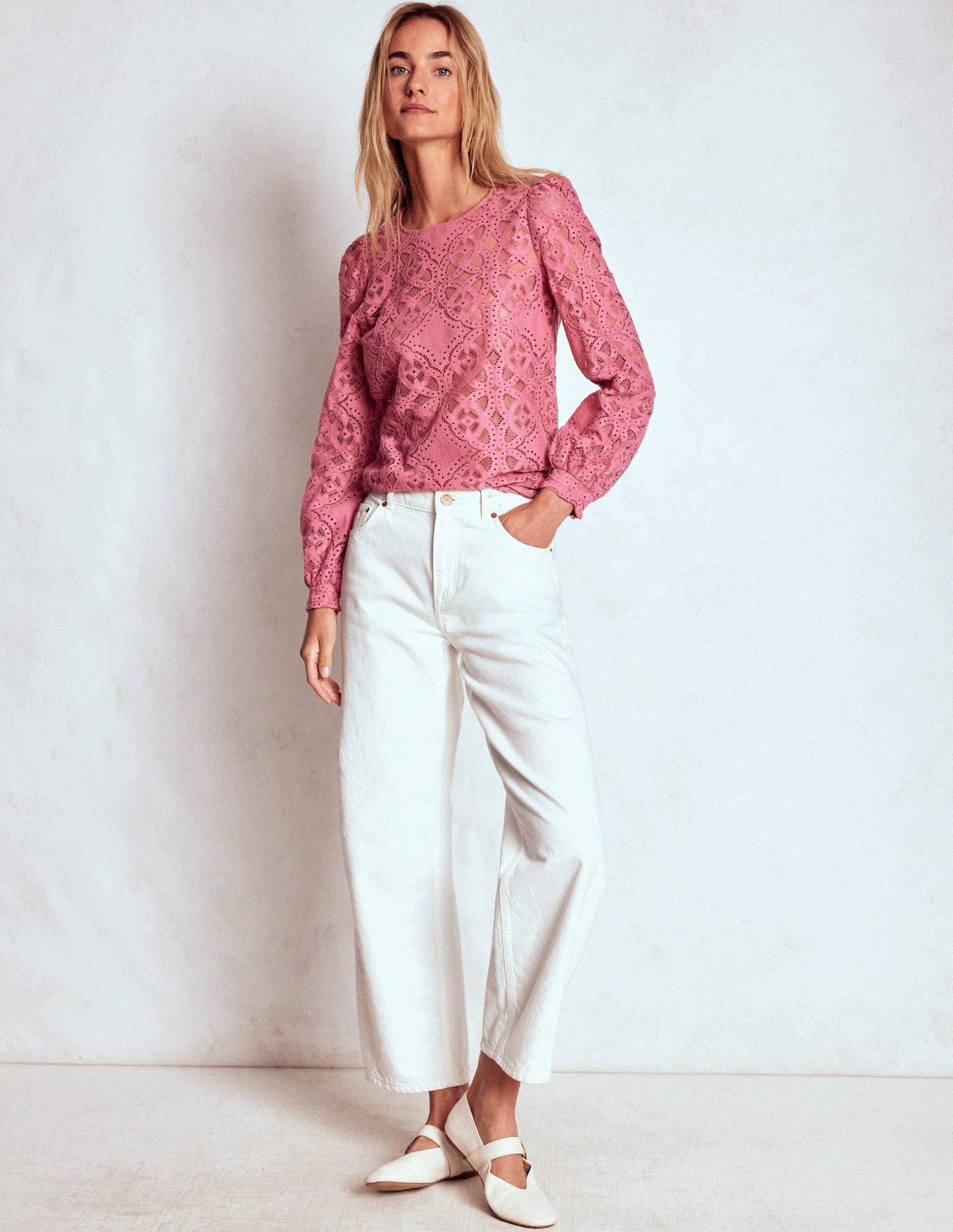 Lace Crew Neck Top-Heather Rose