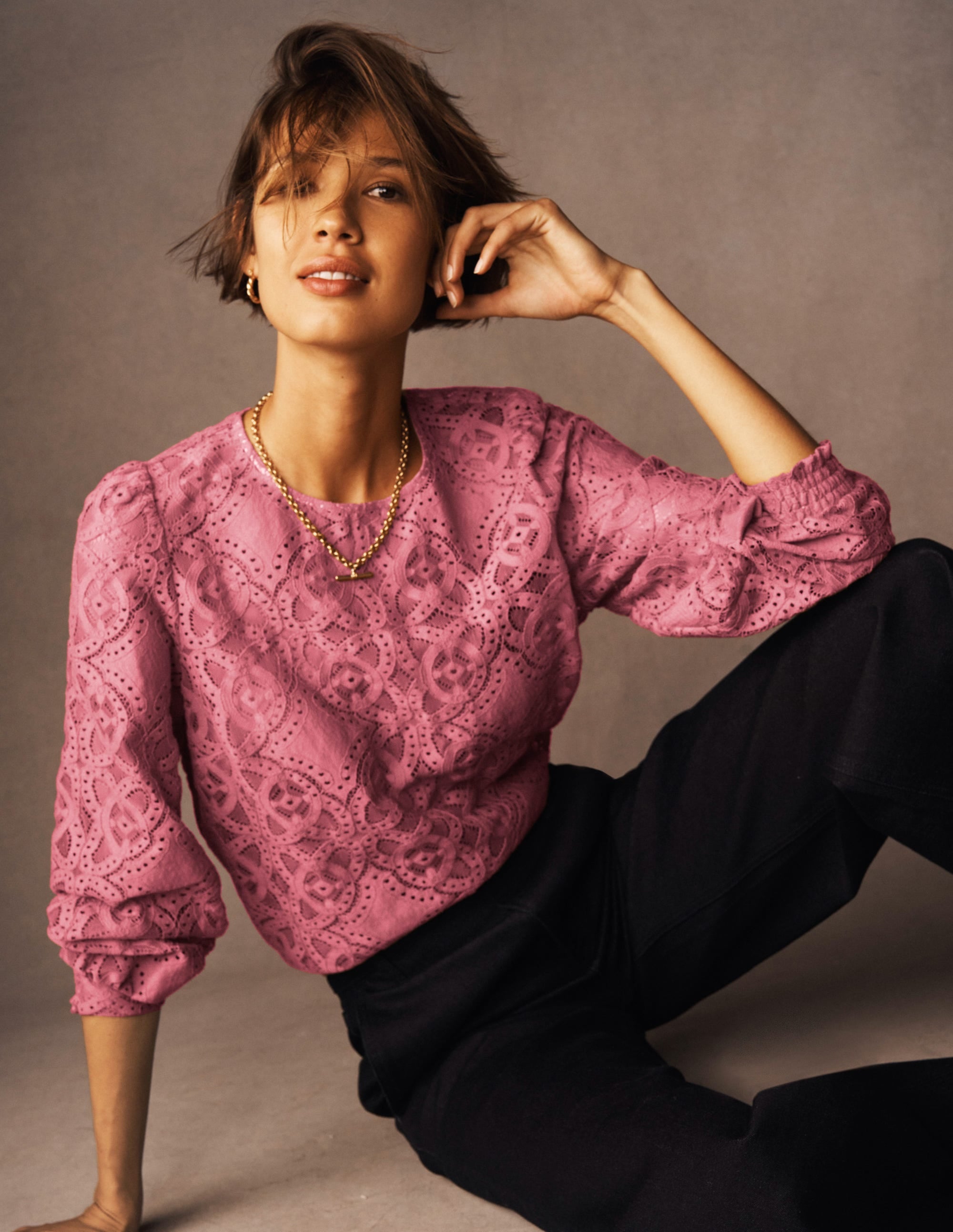 Lace Crew Neck Top-Heather Rose | Boden UK