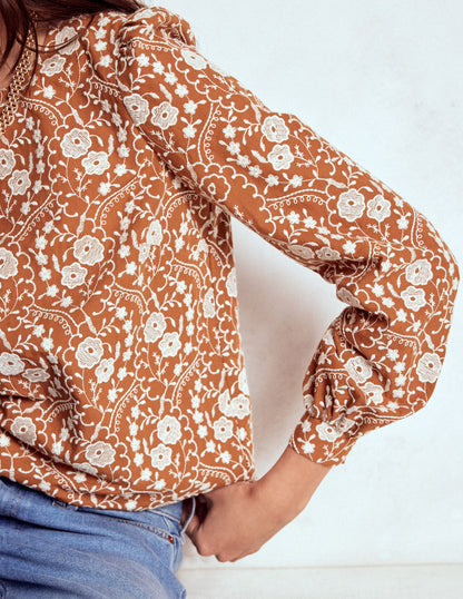Embroidered Cotton Top-Brown-2