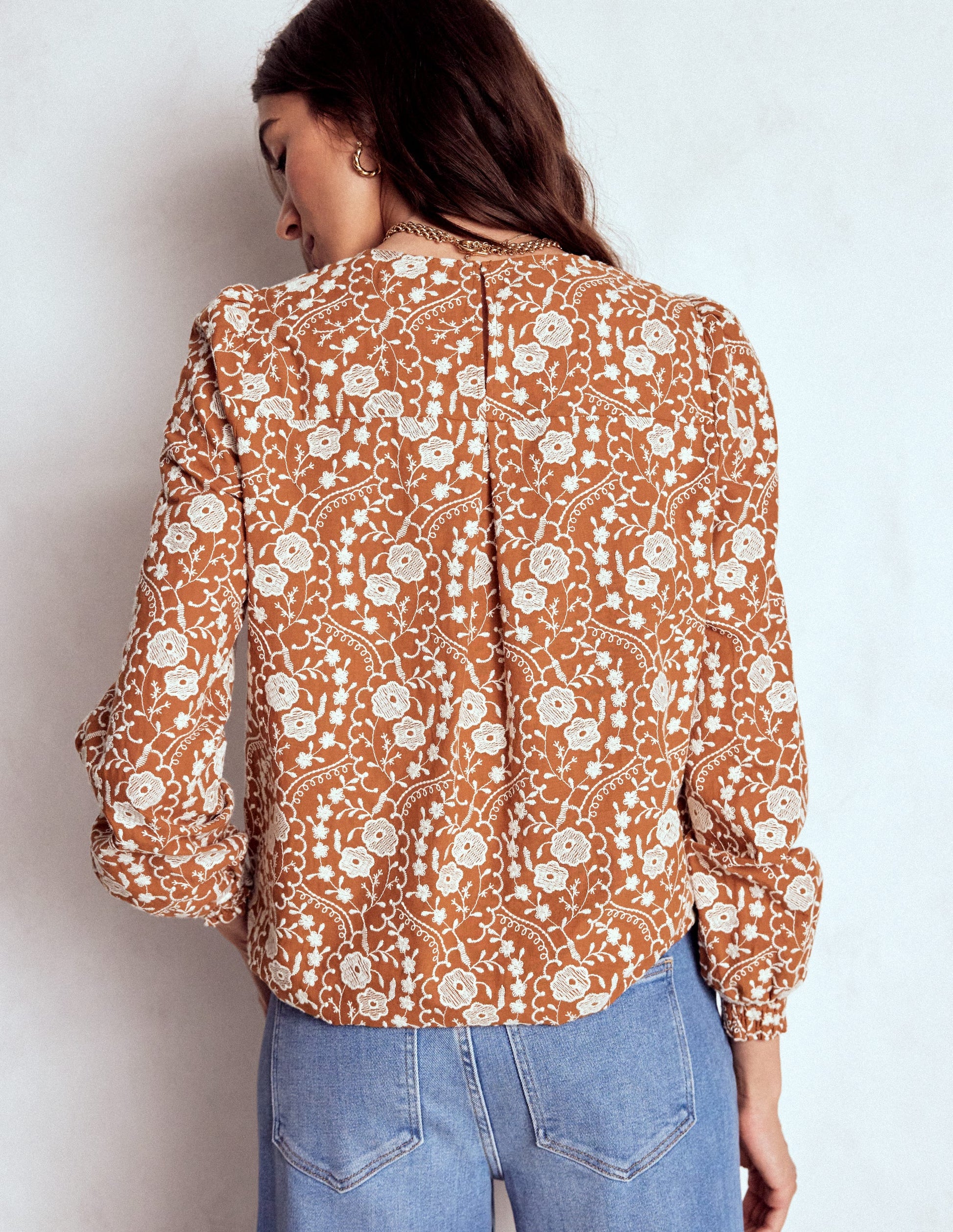 Embroidered Cotton Top-Brown-3