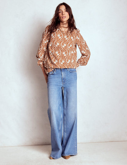 Embroidered Cotton Top-Brown-4