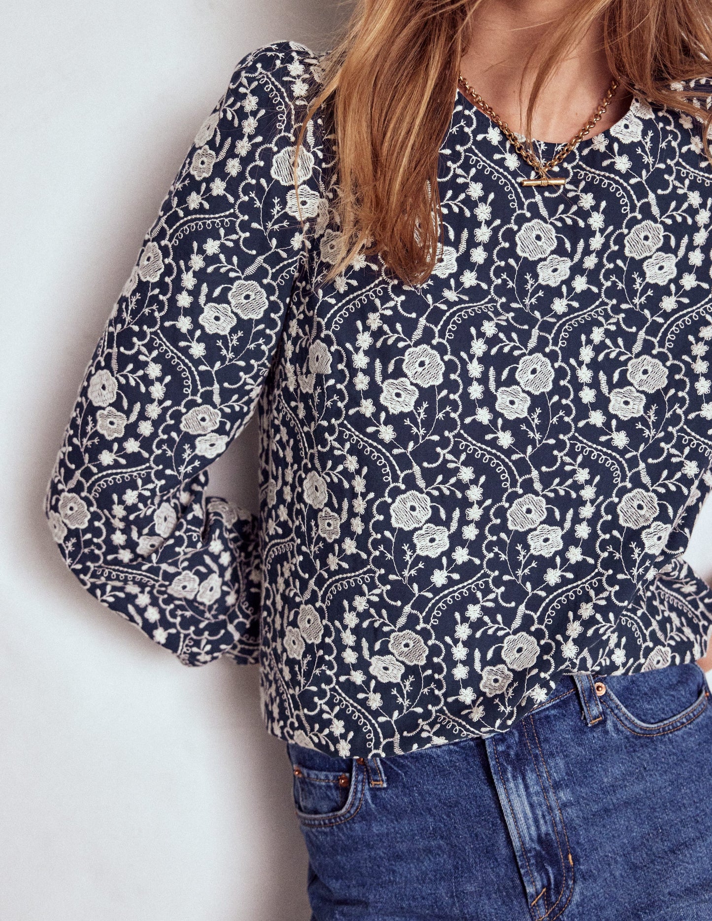 Embroidered Cotton Top-Navy
