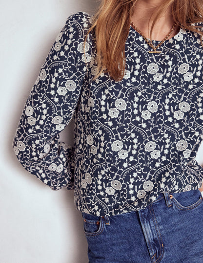 Embroidered Cotton Top-Navy-2